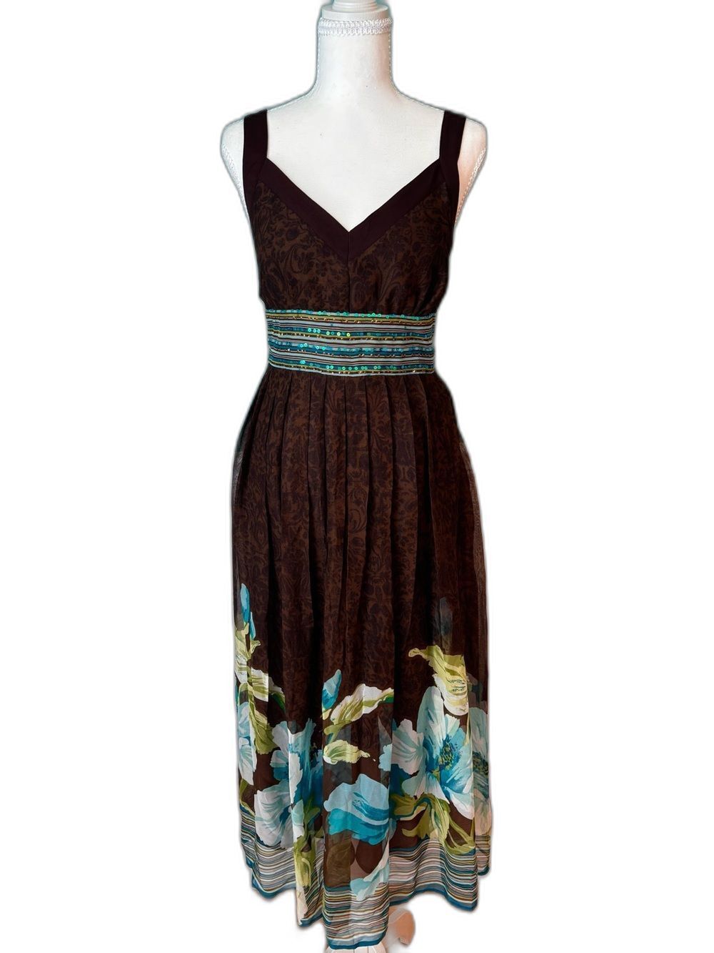 Midnight Velvet Silk Floral Sequin Empire Waist Midi Dress Size 10 Boho